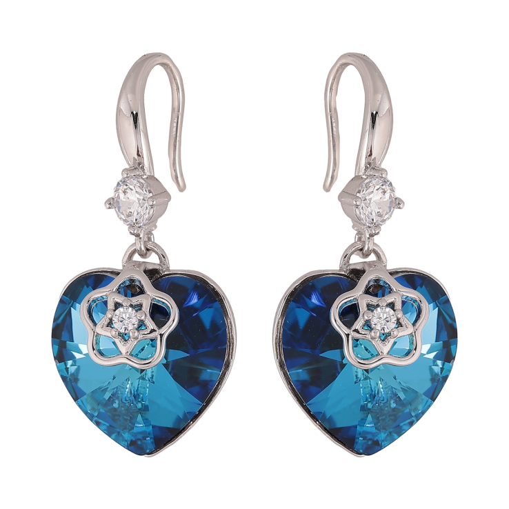 Сережки Xuping колір Родій з кристалами Swarovski французький замок "Сердечка Metallic Blue з квітковою накладкою" фото №3 Сережки Xuping колір Родій з кристалами Swarovski французький замок "Сердечка Metallic Blue з квітковою накладкою" фото №3