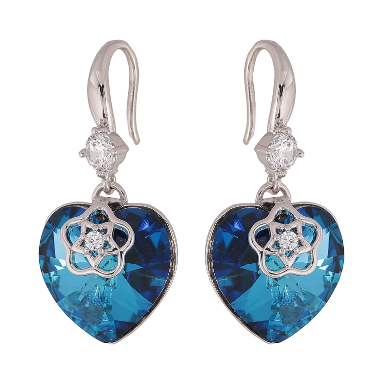 Серьги Xuping цвет Родий с кристаллами Swarovski французский замок "Сердечки Metallic Blue с цветочной накладкой" фото №4 Серьги Xuping цвет Родий с кристаллами Swarovski французский замок "Сердечки Metallic Blue с цветочной накладкой" фото №4