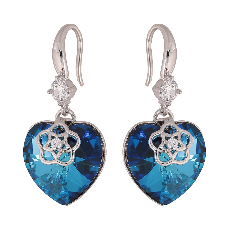 Сережки Xuping колір Родій з кристалами Swarovski французький замок "Сердечка Metallic Blue з квітковою накладкою" фото №1
