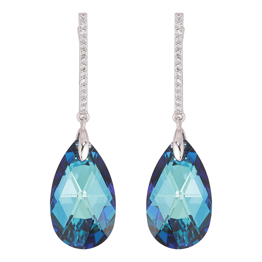 Сережки Xuping колір Родій з кристалами Swarovski пусети "Доріжка кристальною краплею Metallic Blue" фото №1