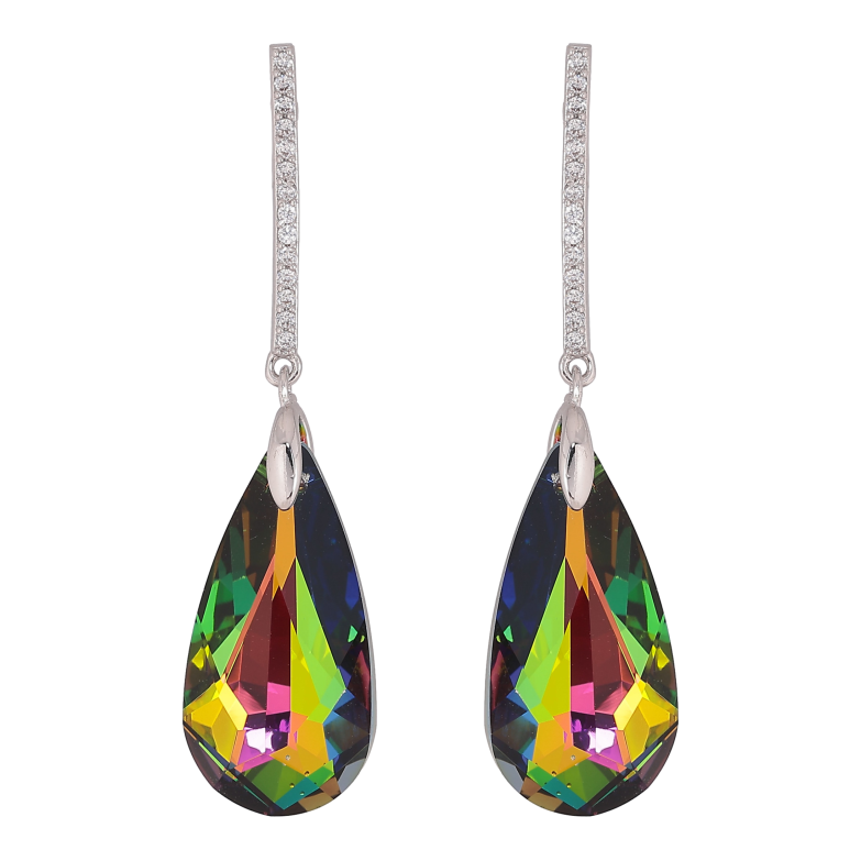 Серьги Xuping цвет Родий с кристаллами Swarovski пусеты "Дорожка с кристальной каплей Vitrail Medium" фото №1