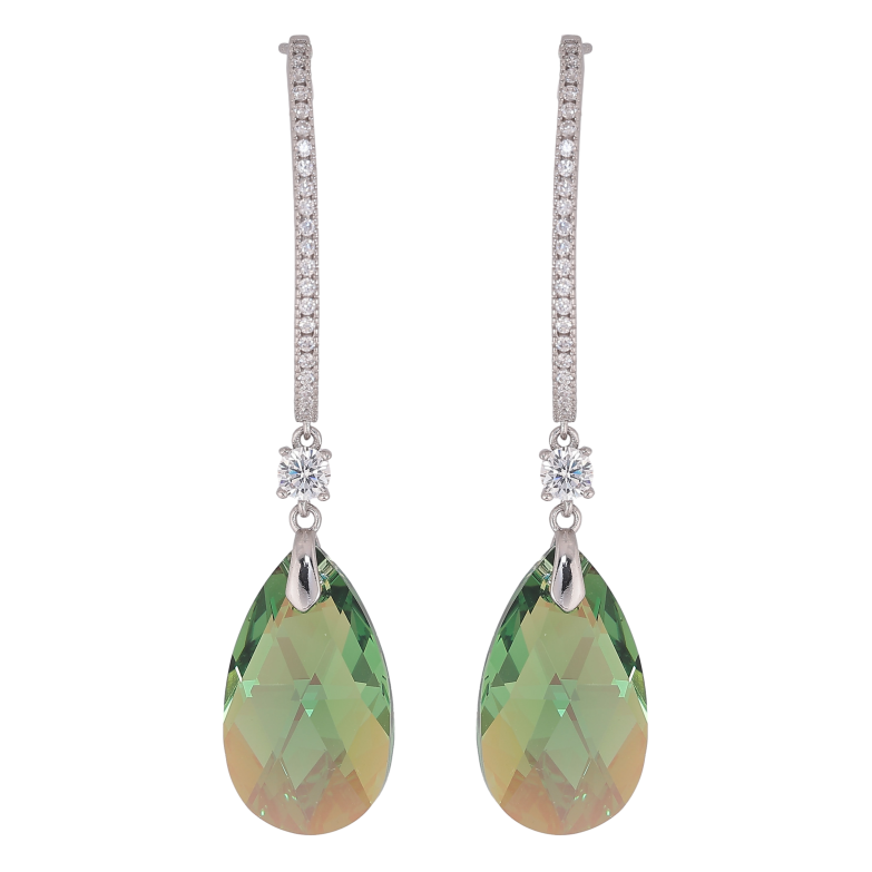 Серьги Xuping цвет Родий с кристаллами Swarovski пусеты "Дуга с подвесками Luminous Green" фото №1