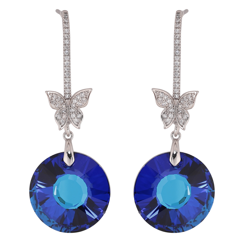 Серьги Xuping цвет Родий с кристаллами Swarovski пусеты "Кристальные дуги с бабочками и подвесками Bermuda Blue" фото №1