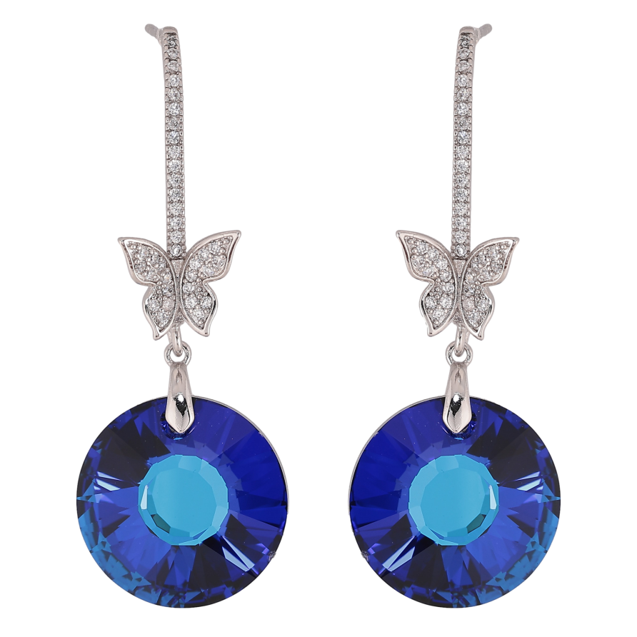 Сережки Xuping колір Родій з кристалами Swarovski пусети "Кристальні дуги з метеликами та підвісками Bermuda Blue" фото №1