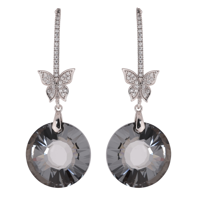 Серьги Xuping цвет Родий с кристаллами Swarovski пусеты "Кристальные дуги с бабочками и подвесками Graphite" фото №1
