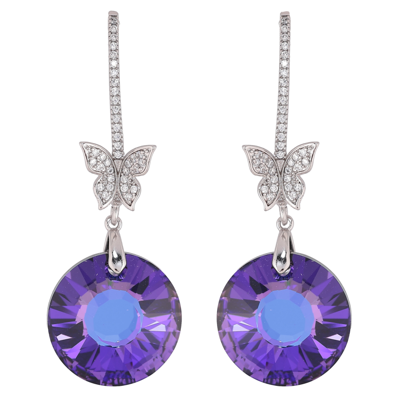 Серьги Xuping цвет Родий с кристаллами Swarovski пусеты "Кристальные дуги с бабочками и подвесками Heliotrope" фото №1
