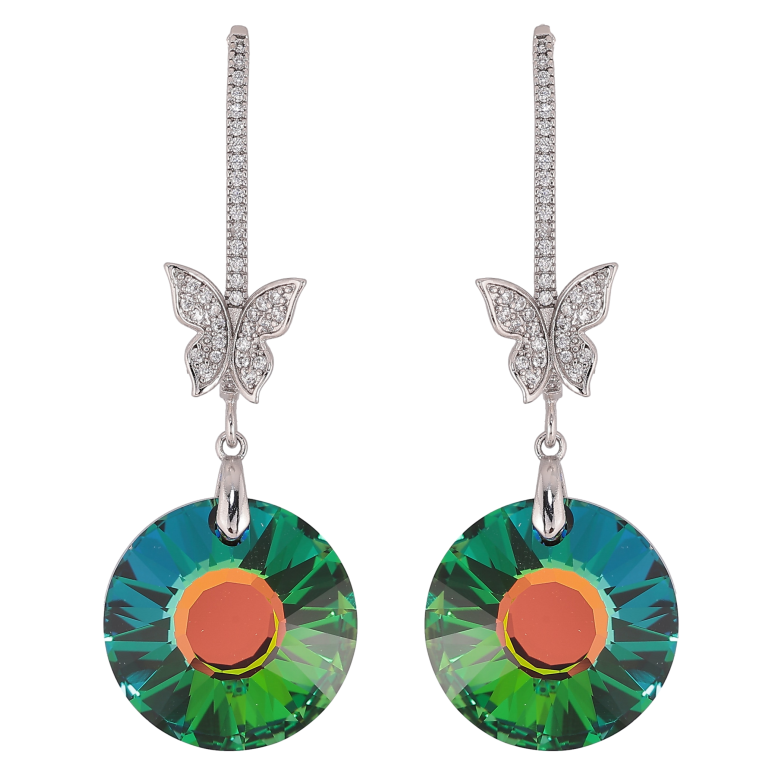 Сережки Xuping колір Родій з кристалами Swarovski пусети "Кристалеві дуги з метеликами та підвісками Vitrail Medium" фото №1