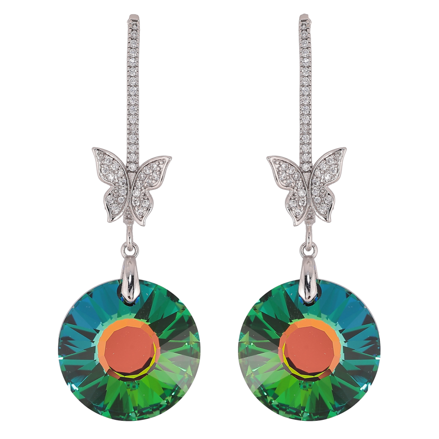 Сережки Xuping колір Родій з кристалами Swarovski пусети "Кристалеві дуги з метеликами та підвісками Vitrail Medium" фото №1