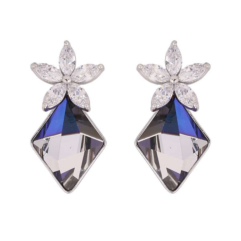 Серьги Xuping цвет Родий с кристаллами Swarovski пусеты "Кристальный цветок с кристаллом Bermuda Blue" фото №1