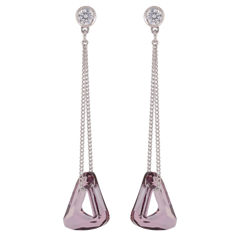 Сережки Xuping колір Родій з кристалами Swarovski пусети "Кристальний трикутник Amethyst на ланцюжку" фото №1