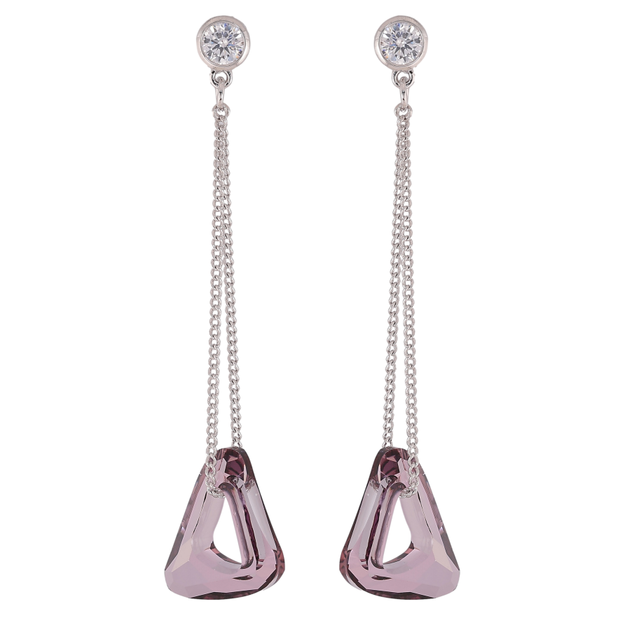 Сережки Xuping колір Родій з кристалами Swarovski пусети "Кристальний трикутник Amethyst на ланцюжку" фото №1