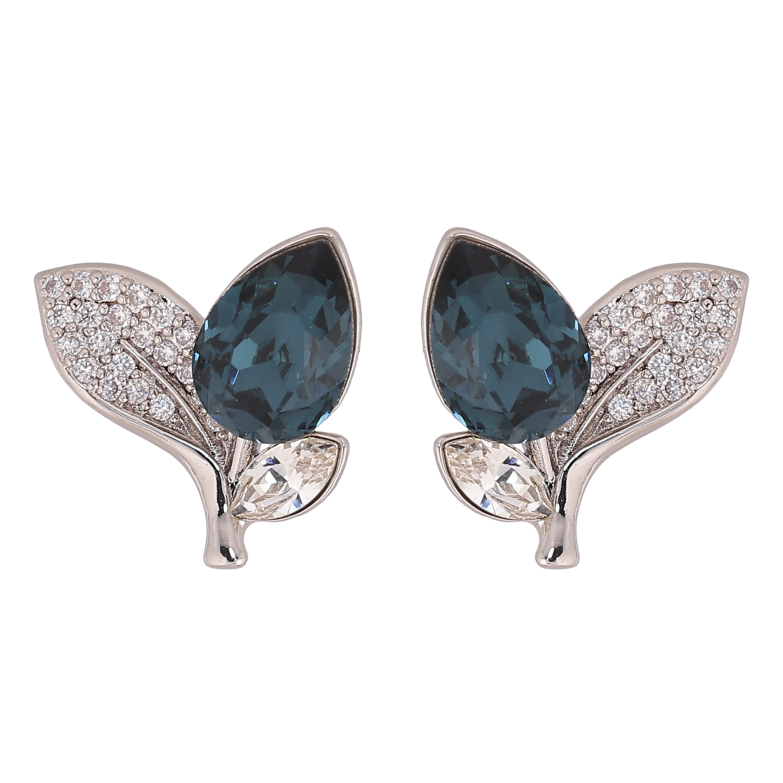 Серьги Xuping цвет Родий с кристаллами Swarovski пусеты "Кристальный бутон Montana листики инкрустация" фото №1