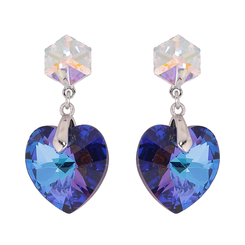 Серьги Xuping цвет Родий с кристаллами Swarovski пусеты "Кубики с кр-ми сердечками Bermuda Blue" фото №1