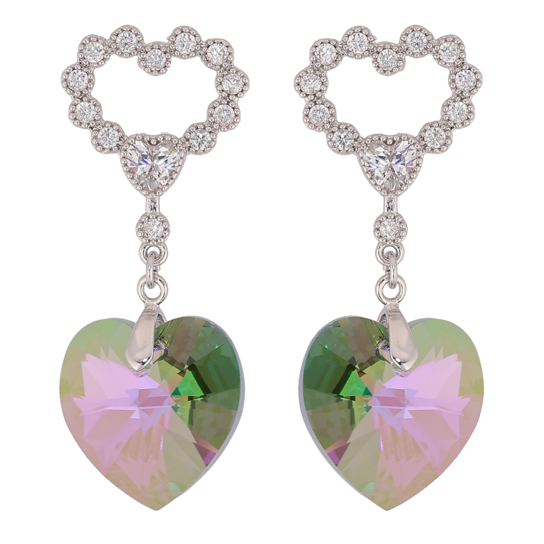 Серьги Xuping цвет Родий с кристаллами Swarovski пусеты "Сердечки с подвеской кристалл Vitrail Light" фото №1