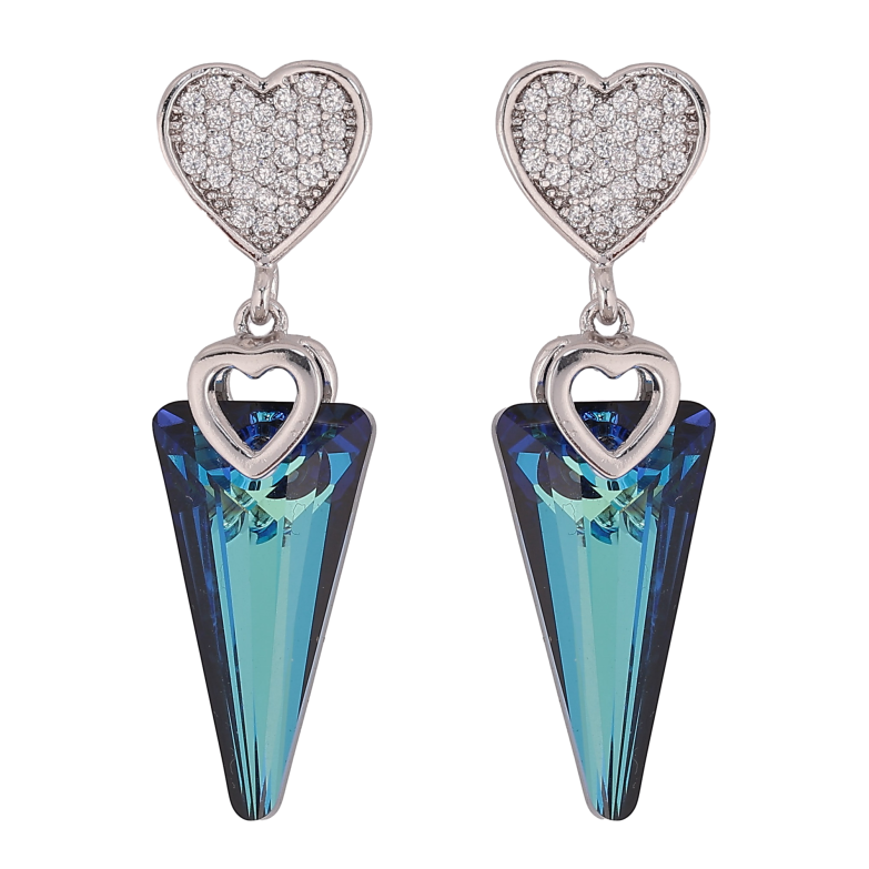 Серьги Xuping цвет Родий с кристаллами Swarovski пусеты "Сердечки, подвески кристалл Metallic Blue" фото №1