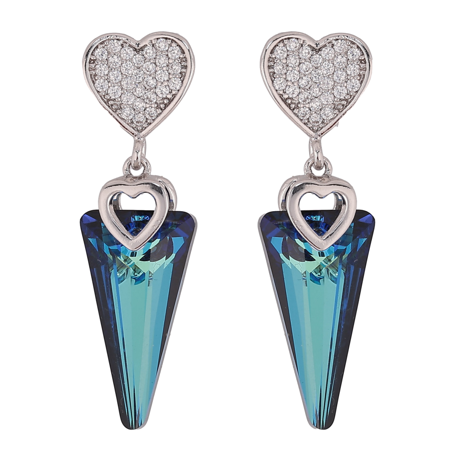 Сережки Xuping колір Родій з кристалами Swarovski пусети "Сердечки з підвісками кристал Metallic Blue" фото №1