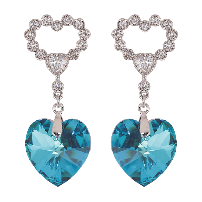Сережки Xuping колір Родій з кристалами Swarovski пусети "Сердечки з підвіскою кристал Capri Blue" фото №1