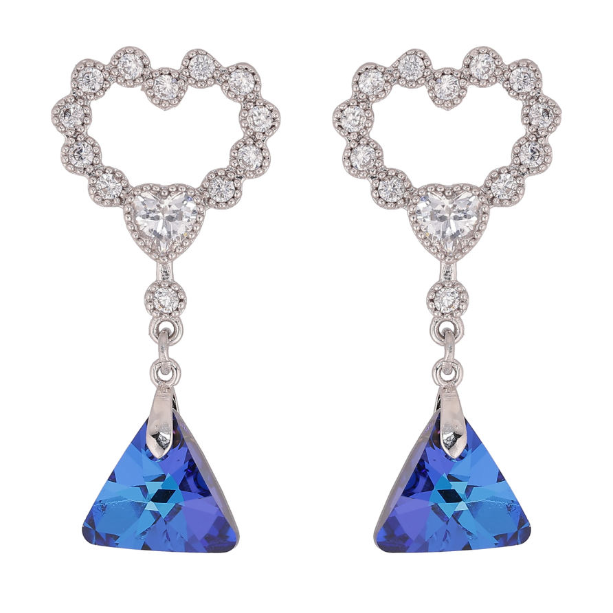 Сережки Xuping колір Родій з кристалами Swarovski пусети "Сердечки з підвіскою кристал Bermuda Blue" фото №1