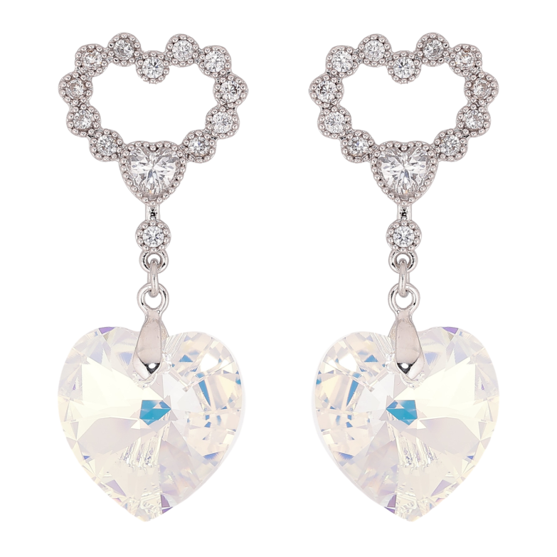 Серьги Xuping цвет Родий с кристаллами Swarovski пусеты "Сердечки с подвеской кристалл Shimmer" фото №1