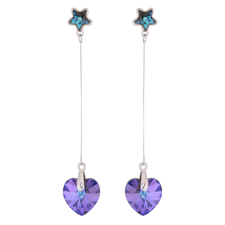 Серьги Xuping цвет Родий с кристаллами Swarovski пусеты "Синие звездочки с подвесками сердечки Heliotrope" фото №1