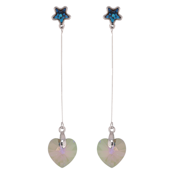 Сережки Xuping колір Родій з кристалами Swarovski пусети "Сині зірочки з підвісками серця Luminous Green" фото №3