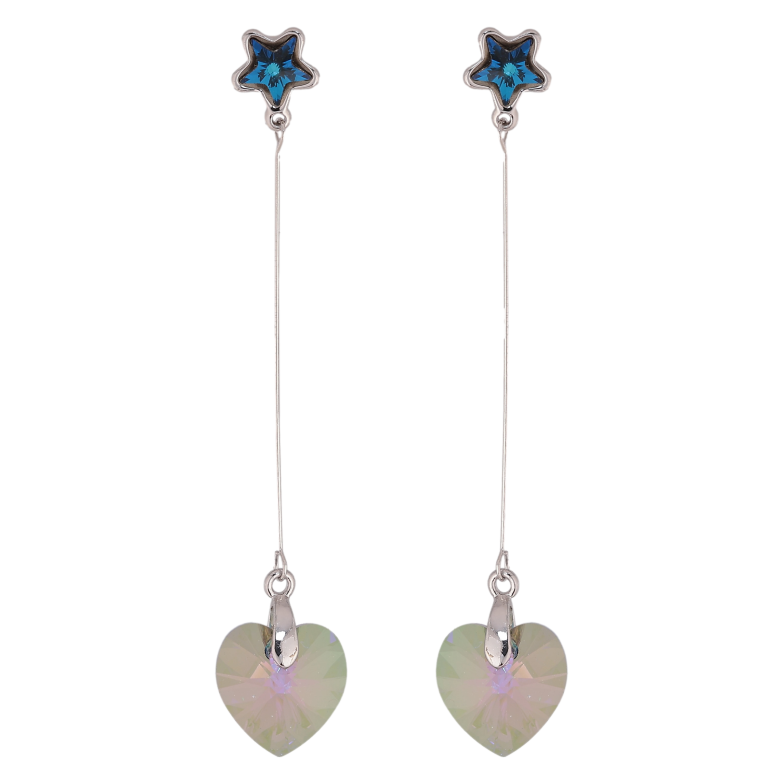 Сережки Xuping колір Родій з кристалами Swarovski пусети "Сині зірочки з підвісками серця Luminous Green" фото №2