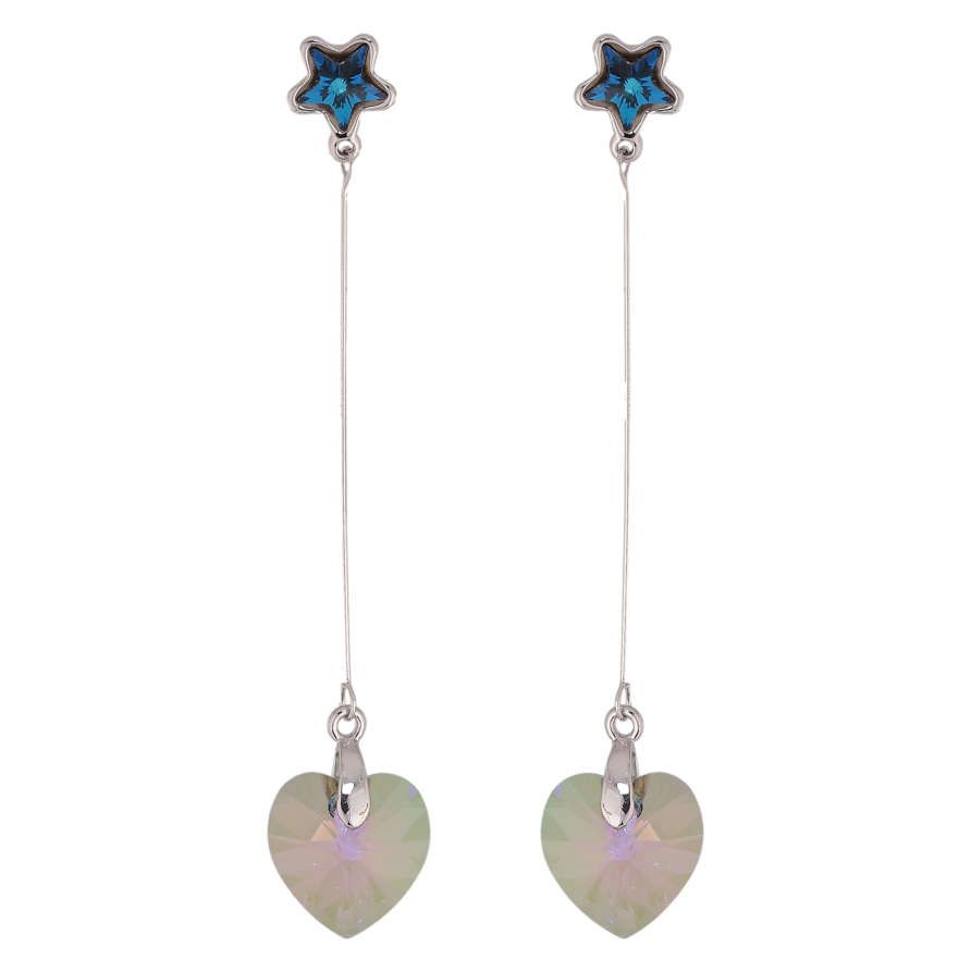 Сережки Xuping колір Родій з кристалами Swarovski пусети "Сині зірочки з підвісками серця Luminous Green" фото №1