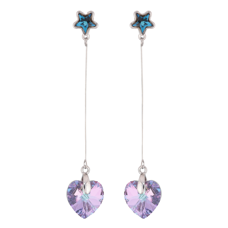 Сережки Xuping колір Родій з кристалами Swarovski пусети "Сині зірочки з підвісками серця Paradise Shine" фото №1