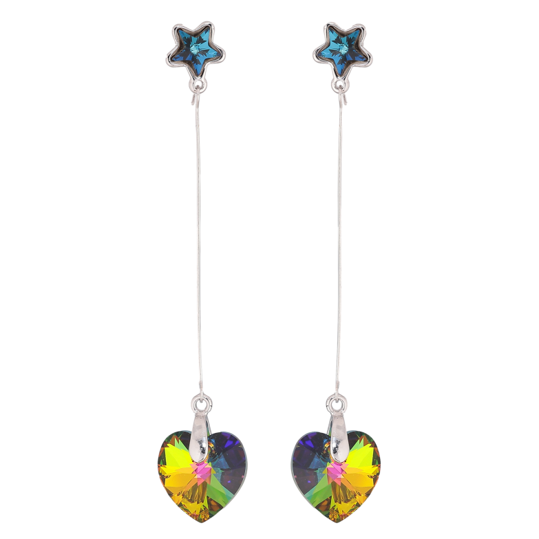 Серьги Xuping цвет Родий с кристаллами Swarovski пусеты "Синие звездочки с подвесками сердечки Vitrail Medium" фото №1