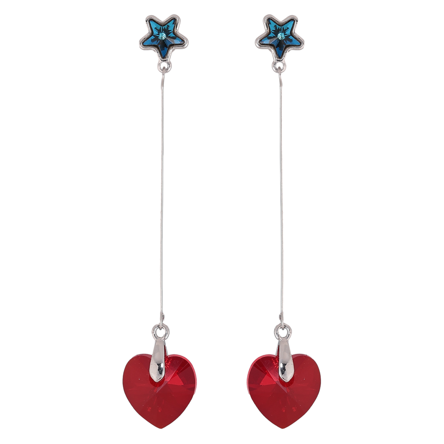 Серьги Xuping цвет Родий с кристаллами Swarovski пусеты "Синие звездочки с подвесками сердечки Siam" фото №1