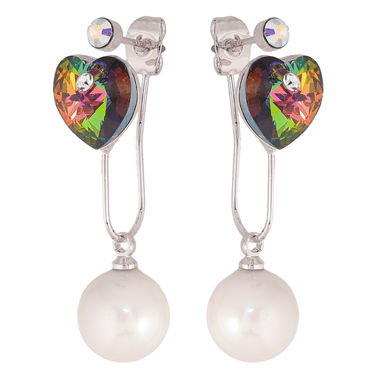Сережки Xuping колір Родій з кристалами Swarovski пусети-джекети "Сердечка Vitrail Medium з перлинами" фото №7