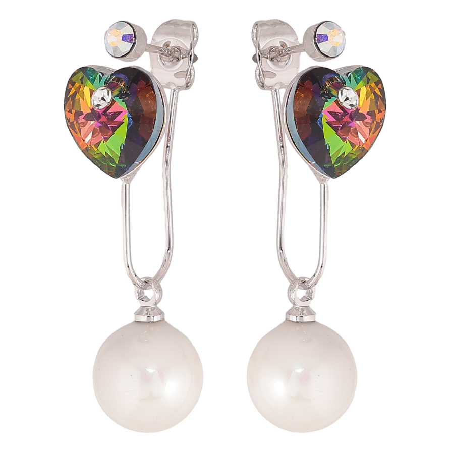Сережки Xuping колір Родій з кристалами Swarovski пусети-джекети "Сердечка Vitrail Medium з перлинами" фото №1