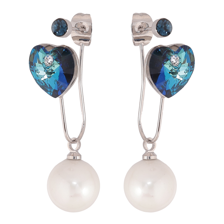 Сережки Xuping колір Родій з кристалами Swarovski пусети-джекети "Сердечки Metallic Blue з перлинами" фото №5
