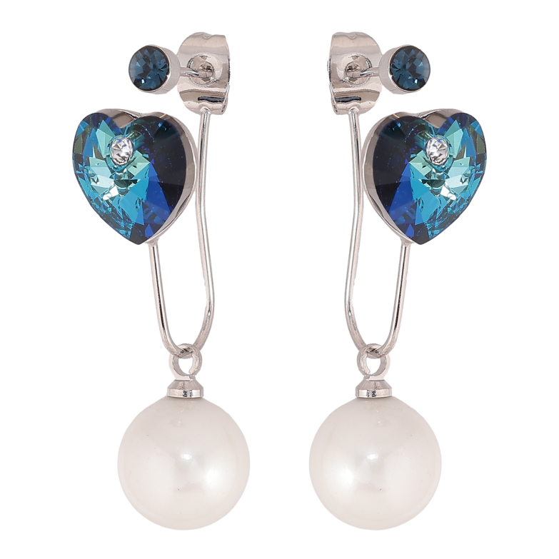 Сережки Xuping колір Родій з кристалами Swarovski пусети-джекети "Сердечки Metallic Blue з перлинами" фото №2
