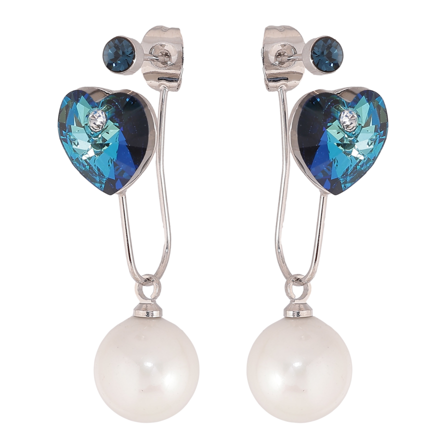 Сережки Xuping колір Родій з кристалами Swarovski пусети-джекети "Сердечки Metallic Blue з перлинами" фото №1