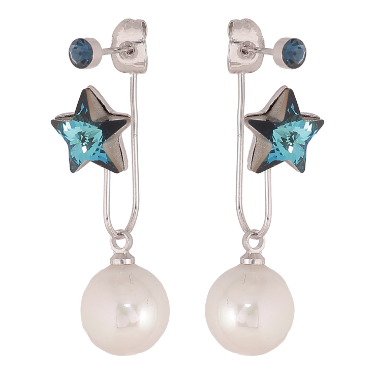 Сережки Xuping колір Родій з кристалами Swarovski пусети-джекети "Зірочки Metallic Blue з перлинами" фото №9