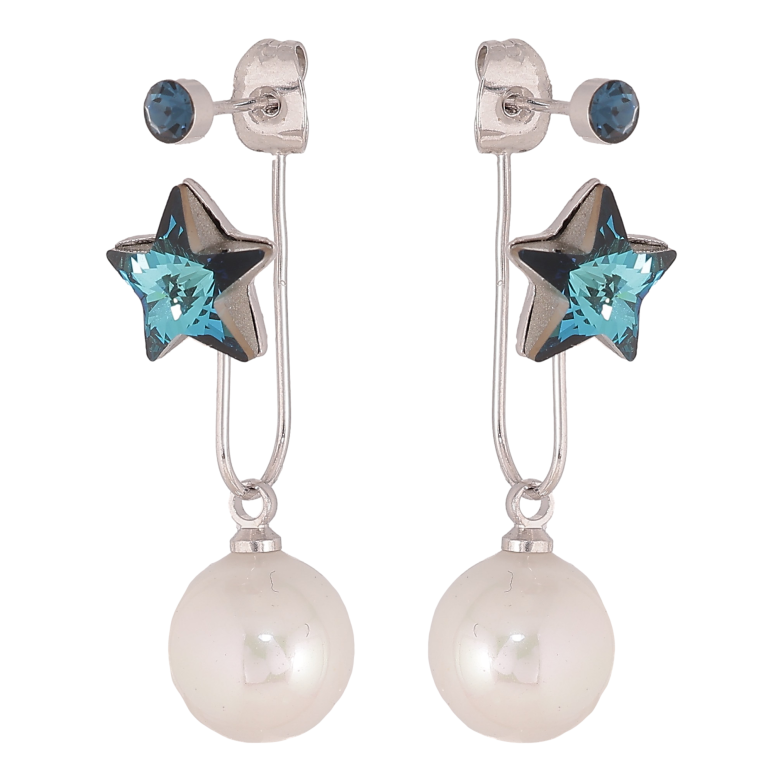 Серьги Xuping цвет Родий с кристаллами Swarovski пусеты- джекеты "Звездочки Metallic Blue с жемчужинами" фото №1 Серьги Xuping цвет Родий с кристаллами Swarovski пусеты- джекеты "Звездочки Metallic Blue с жемчужинами" фото №1