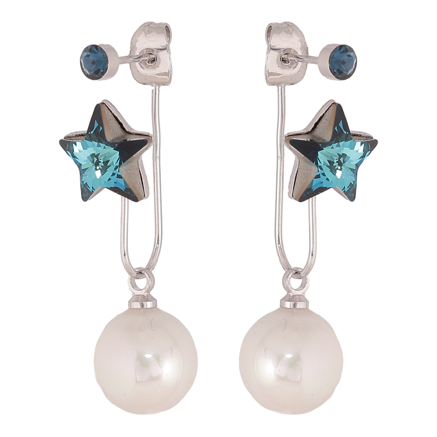 Сережки Xuping колір Родій з кристалами Swarovski пусети-джекети "Зірочки Metallic Blue з перлинами" фото №1 Сережки Xuping колір Родій з кристалами Swarovski пусети-джекети "Зірочки Metallic Blue з перлинами" фото №1