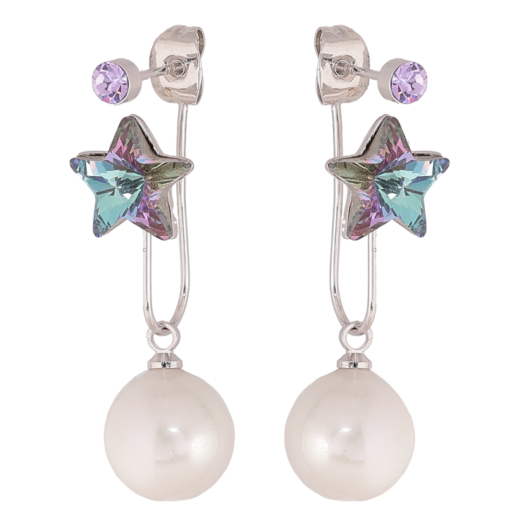 Сережки Xuping колір Родій з кристалами Swarovski пусети-джекети "Зірочки Paradise Shine з перлинами" фото №8