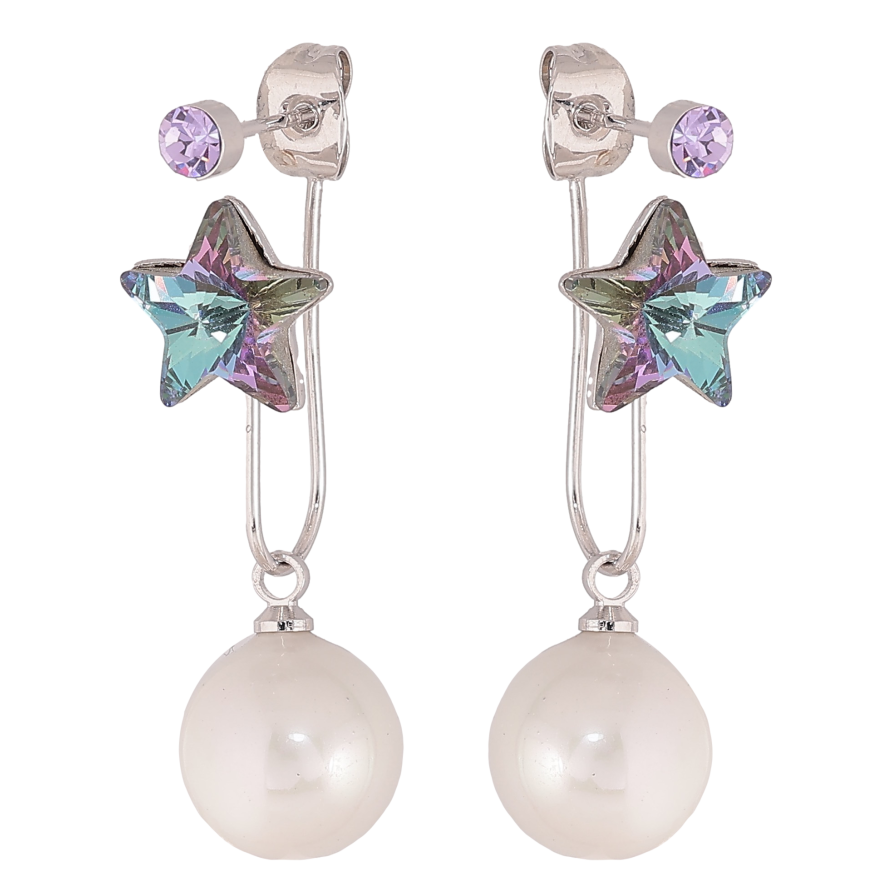 Сережки Xuping колір Родій з кристалами Swarovski пусети-джекети "Зірочки Paradise Shine з перлинами" фото №1