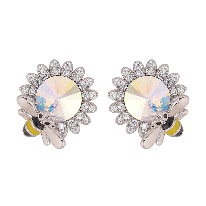 Серьги Xuping цвет Родий с кристаллами Swarovski пусеты "Цветочки с кристаллом АВ и пчелой" фото №1