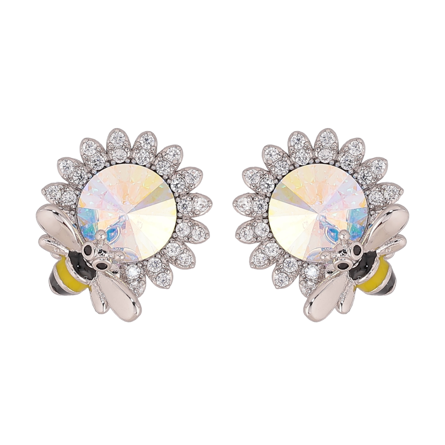 Сережки Xuping колір Родій з кристалами Swarovski пусети "Квіточки з кристалом АВ та бджолою" фото №1