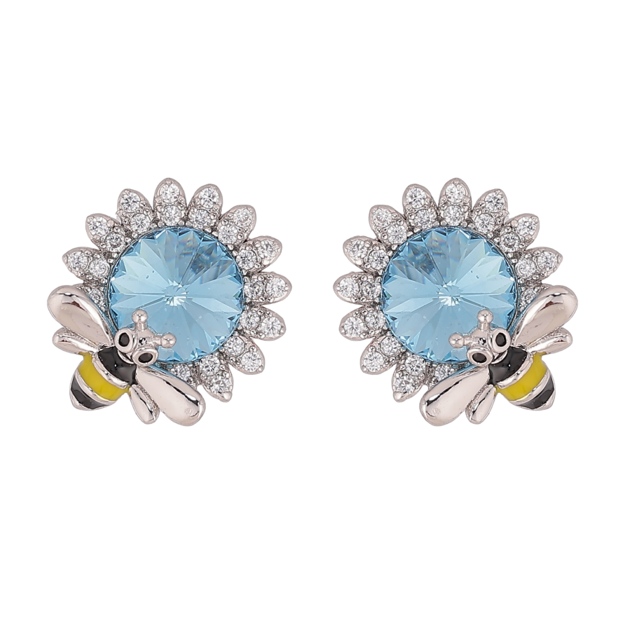 Сережки Xuping колір Родій з кристалами Swarovski пусети "Квіточки з кристалом Aquamarine та бджолою" фото №1