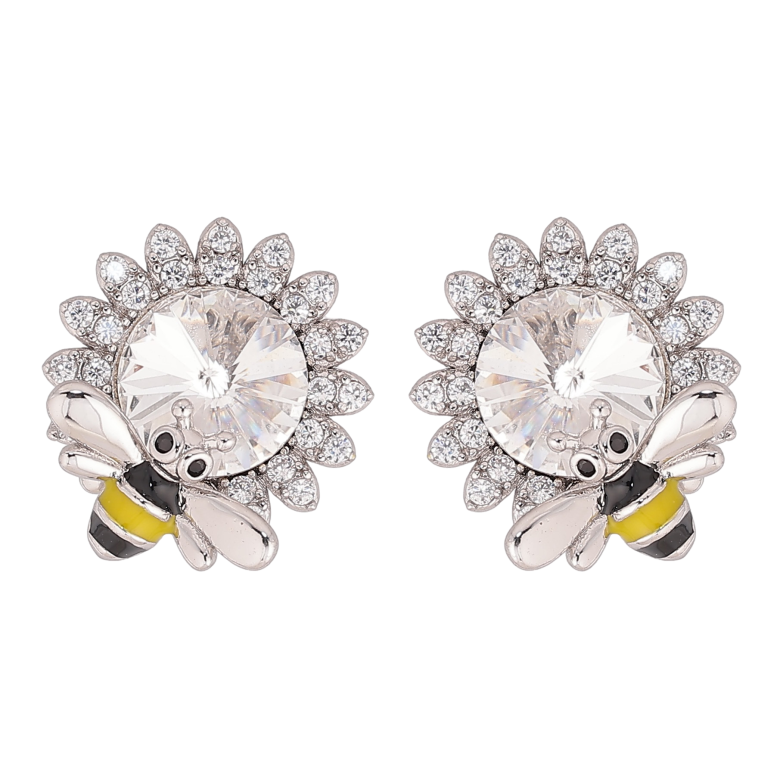 Серьги Xuping цвет Родий с кристаллами Swarovski пусеты "Цветочки с кристаллом Clear и пчелой" фото №1