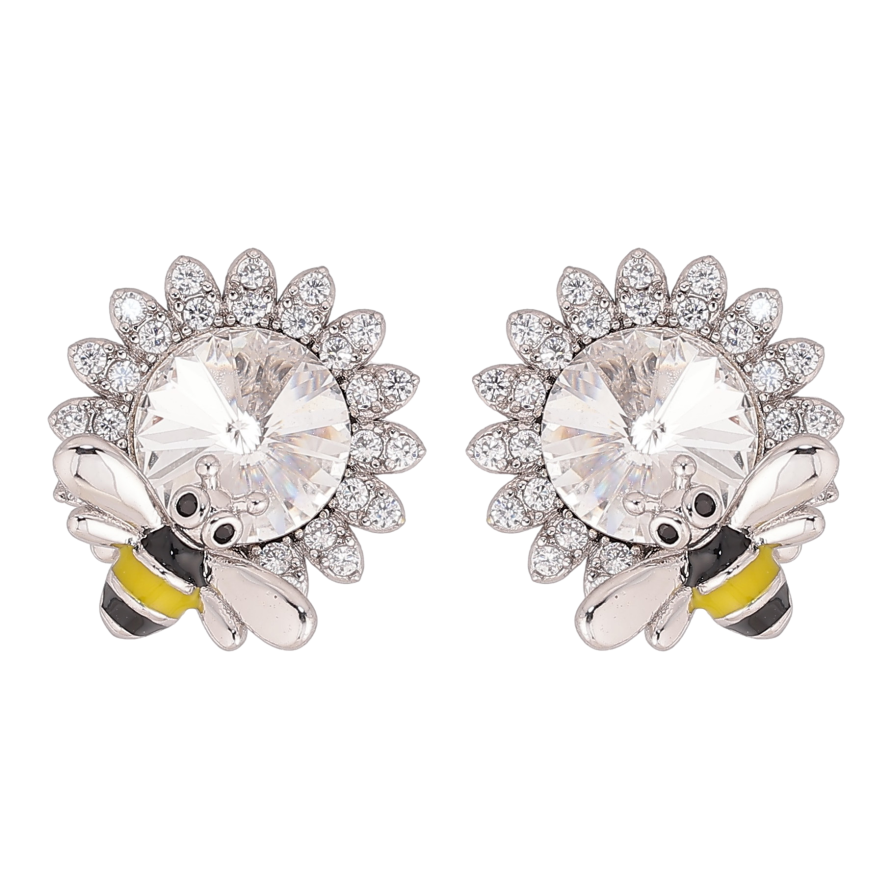 Сережки Xuping колір Родій з кристалами Swarovski пусети "Квіточки з кристалом Clear та бджолою" фото №1