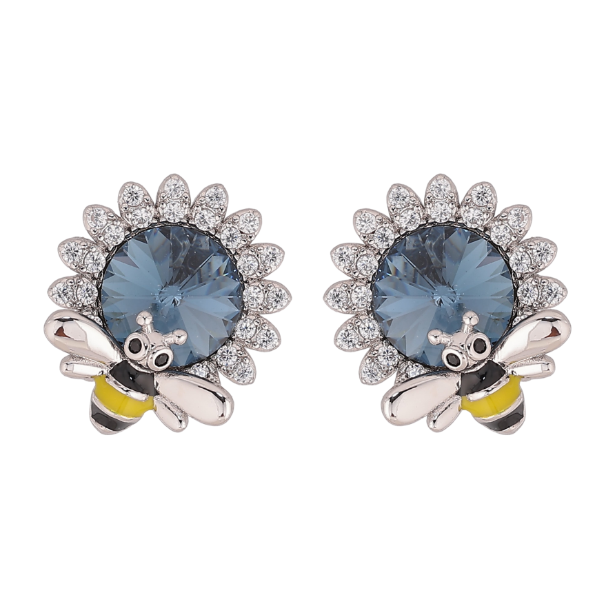 Сережки Xuping колір Родій з кристалами Swarovski пусети "Квіточки з кристалом Montana та бджолою" фото №1