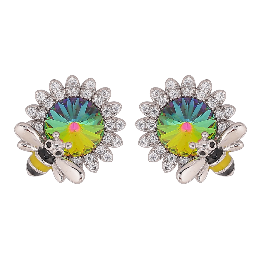 Сережки Xuping колір Родій з кристалами Swarovski пусети "Квіточки з кристалом Vitrail Medium та бджолою" фото №1