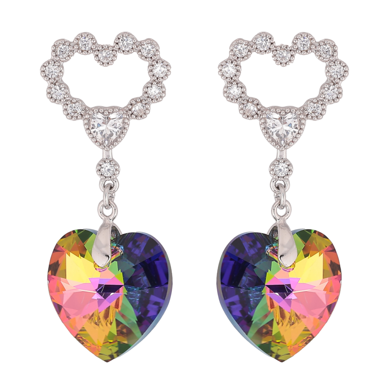 Сережки Xuping колір Родій з кристалами Swarovski пусети "Сердечка з підвіскою кристал Vitrail Medium" фото №1