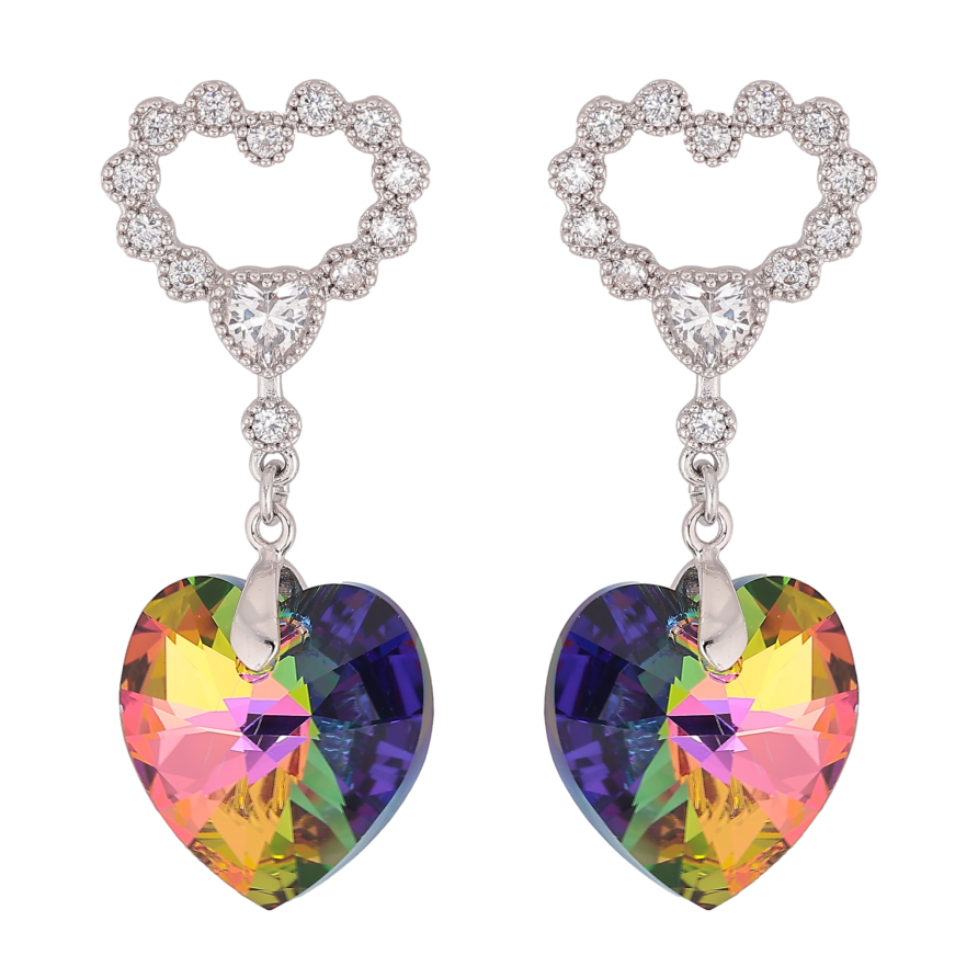 Серьги Xuping цвет Родий с кристаллами Swarovski пусеты "Сердечки с подвеской кристалл Vitrail Medium" фото №1