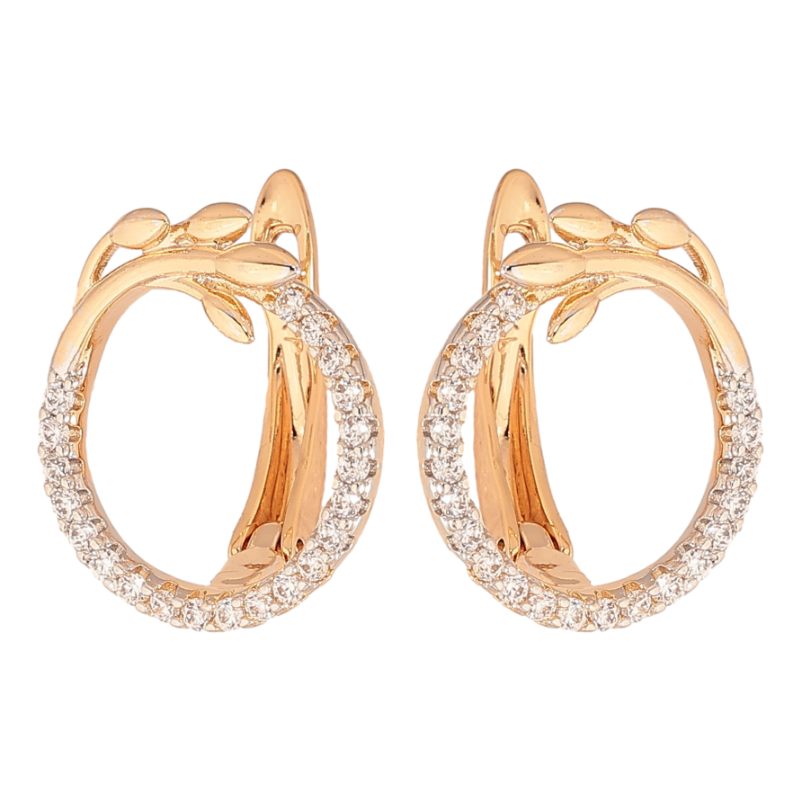 Серьги Xuping цвет позолота 18K + родий английский замок колечки с веточками и кристаллами на одну сторону фото №1